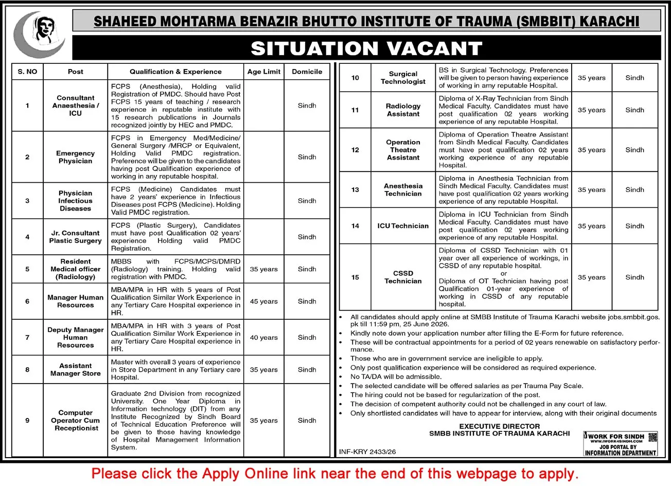 Job Advertisement - Shaheed Mohtarma Benazir Bhutto Institute of Trauma Karachi Jobs June 2026 Apply Online SMBBIT Latest