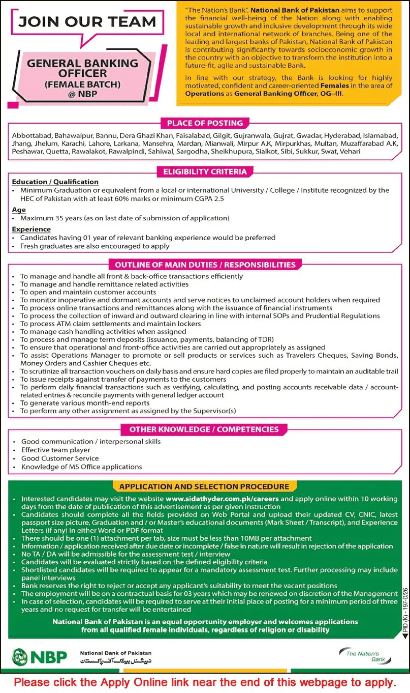 Job Advertisement - General Banking Officer Jobs in National Bank of Pakistan July 2026 Apply Online NBP GBO Females Latest