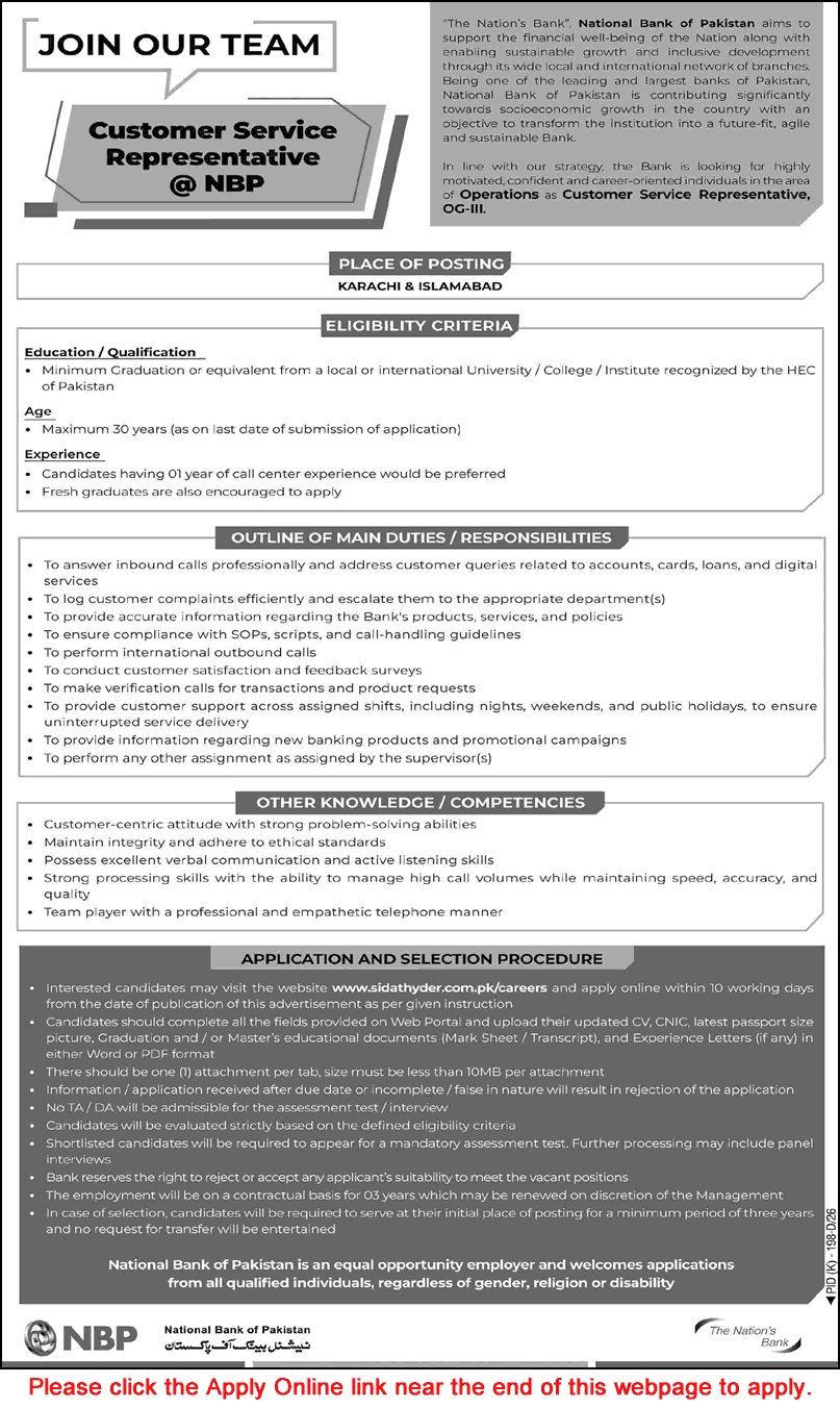 Job Advertisement - Customer Service Representative Jobs in National Bank of Pakistan July 2026 Apply Online NBP CSR Latest