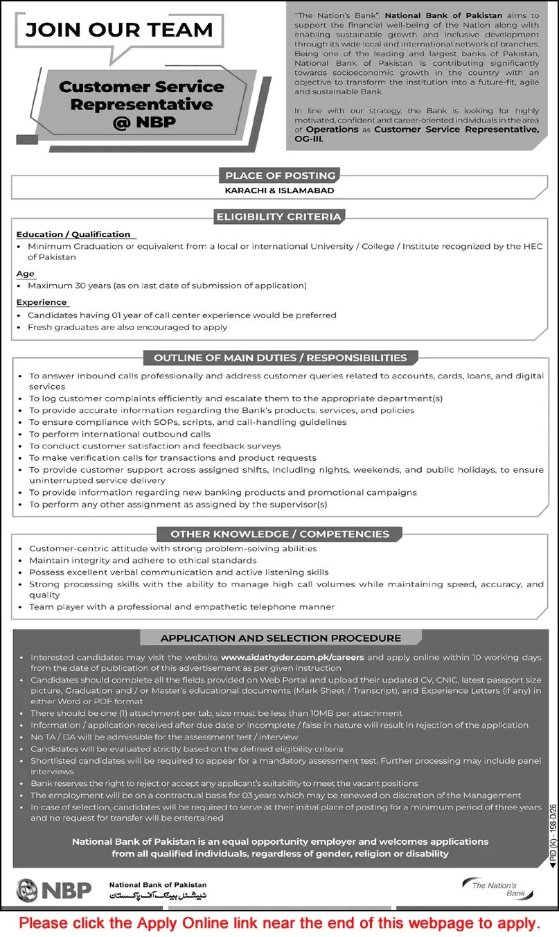 Job Advertisement - Customer Service Representative Jobs in National Bank of Pakistan July 2026 Apply Online NBP CSR Latest