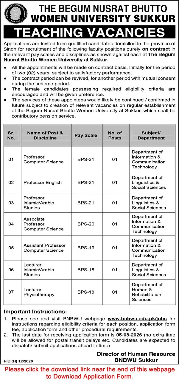 Job Advertisement - Begum Nusrat Bhutto Women University Sukkur Jobs July 2026 - Teaching Faculty