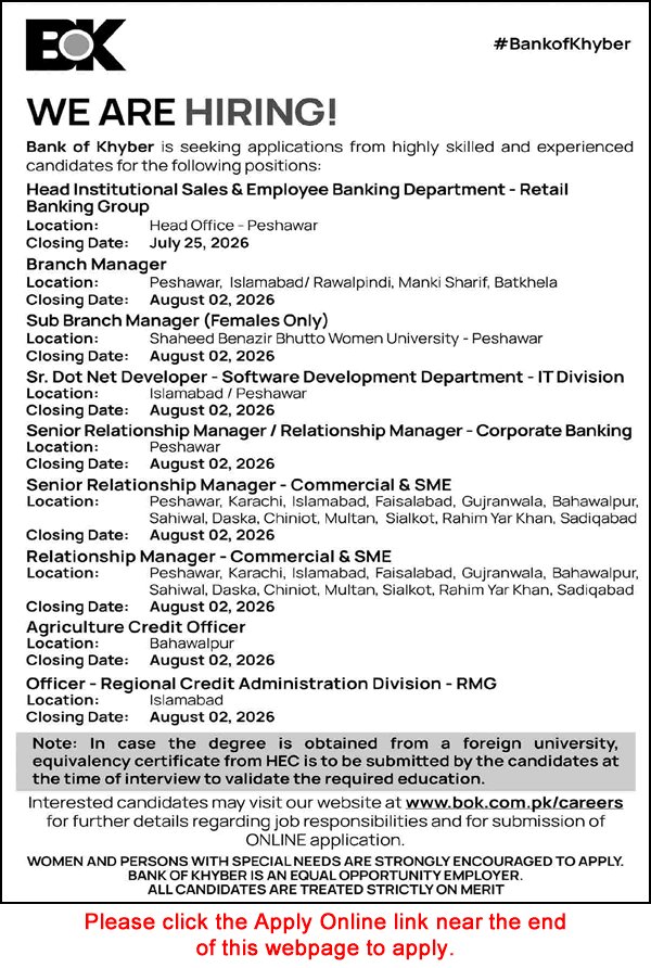 Job Advertisement - Bank of Khyber Jobs July 2026 Apply Online Relationship Managers, Branch Managers & Others BOK Latest