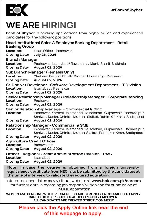 Job Advertisement - Bank of Khyber Jobs July 2026 Apply Online Relationship Managers, Branch Managers & Others BOK Latest