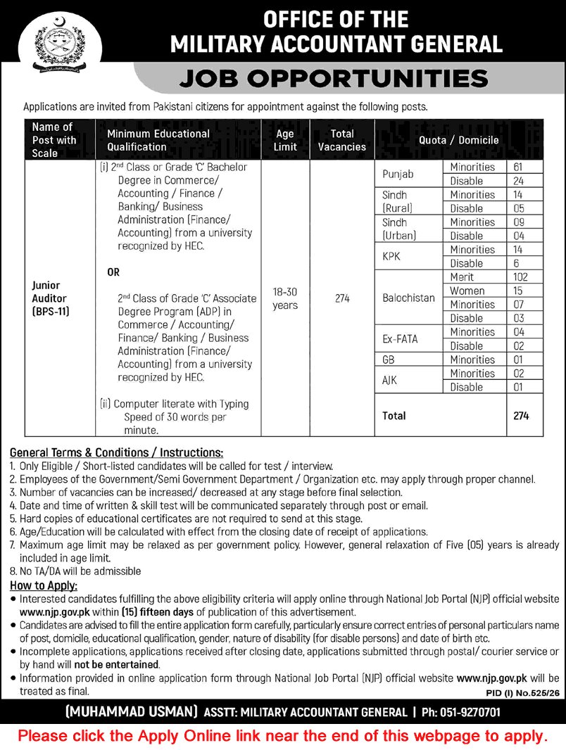 Job Advertisement - Junior Auditor Jobs in Office of the Military Accountant General Pakistan 2026 July Apply Online Latest