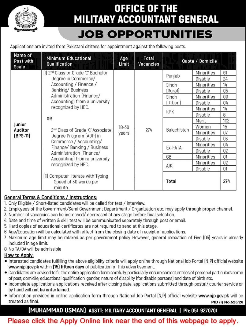 Job Advertisement - Junior Auditor Jobs in Office of the Military Accountant General Pakistan 2026 July Apply Online Latest