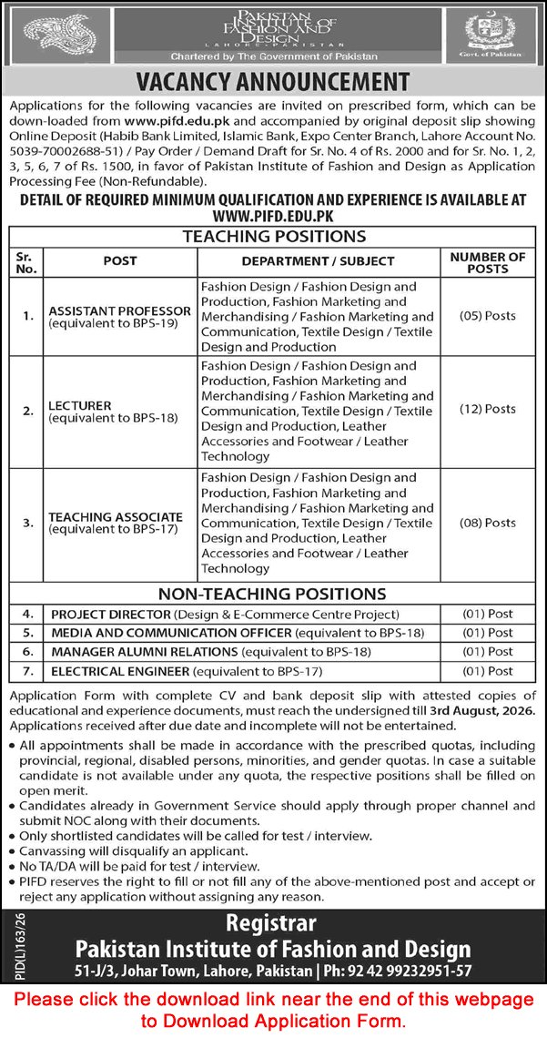Job Advertisement - Pakistan Institute of Fashion Design Lahore Jobs July 2026 Application Form Teaching Faculty & Others PIFD Latest