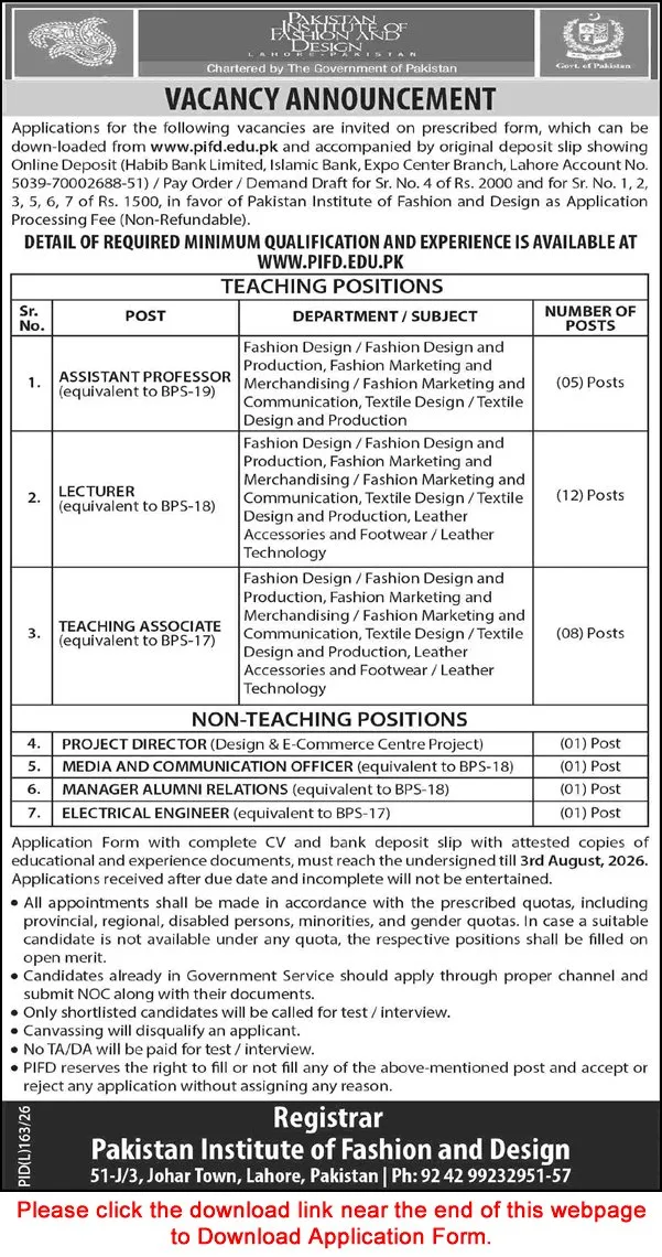 Job Advertisement - Pakistan Institute of Fashion Design Lahore Jobs July 2026 Application Form Teaching Faculty & Others PIFD Latest