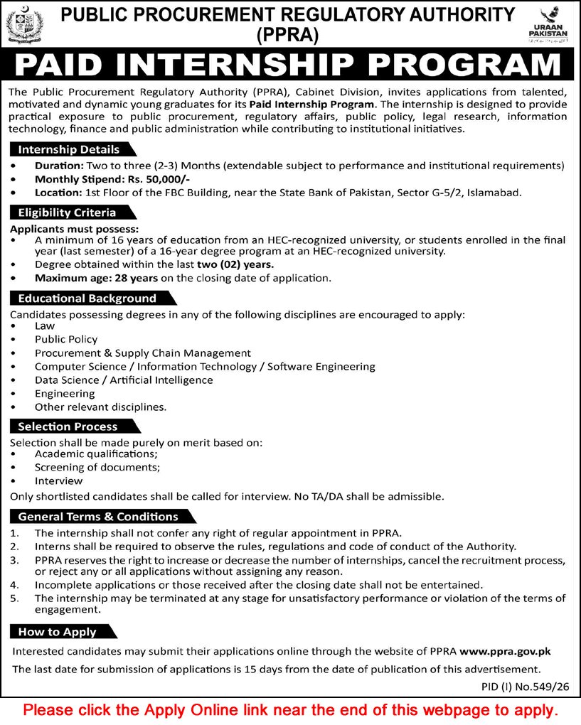 Job Advertisement - PPRA Internship Program 2026 July Apply Online Public Procurement Regulatory Authority Jobs Latest