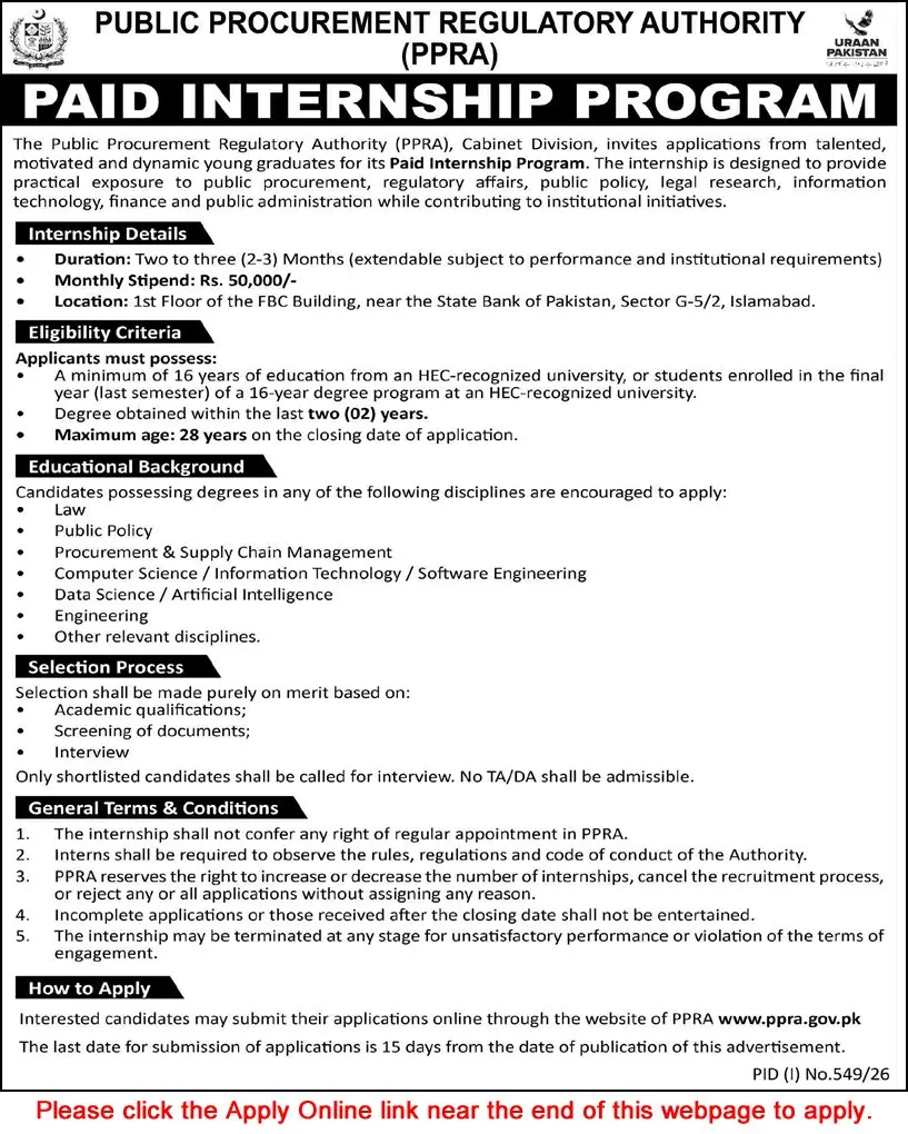 Job Advertisement - PPRA Internship Program 2026 July Apply Online Public Procurement Regulatory Authority Jobs Latest