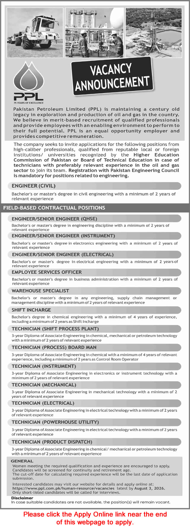 Job Advertisement - Pakistan Petroleum Limited Jobs July 2026 PPL Apply Online Technicians, Engineers & Others Latest