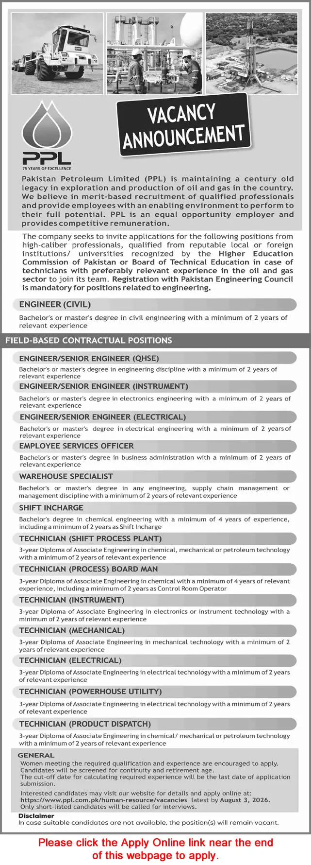Job Advertisement - Pakistan Petroleum Limited Jobs July 2026 PPL Apply Online Technicians, Engineers & Others Latest