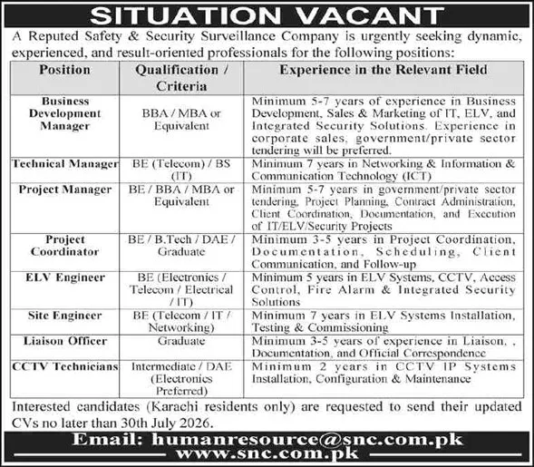 Job Advertisement - Security n Communications Pvt Ltd Karachi Jobs 2026 July CCTV Technicians, Site Engineer & Others SNC Latest