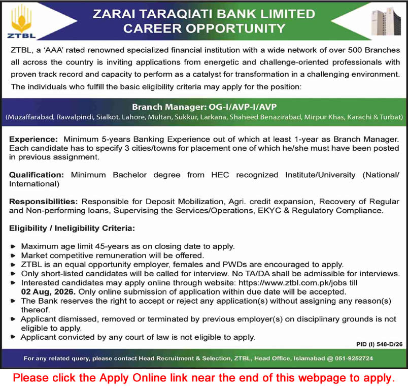 Job Advertisement - Branch Manager
