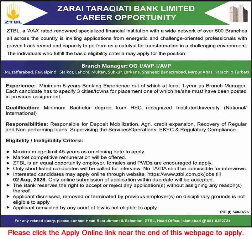 Job Advertisement - Branch Manager