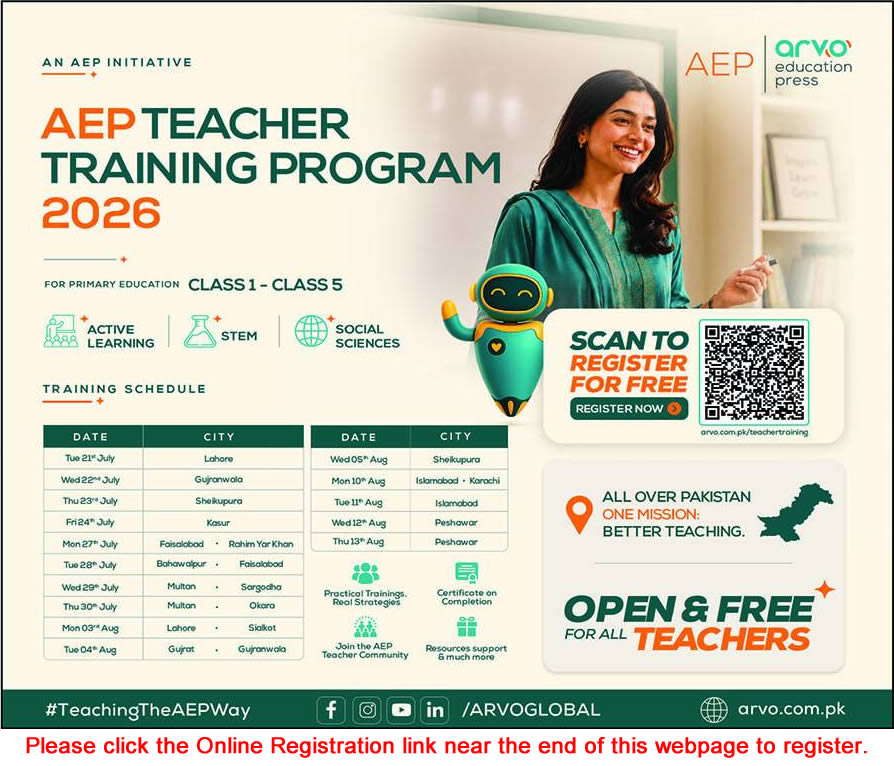 Job Advertisement - Arvo Education Press Teacher Training Program 2026 July Register Online AEP Latest