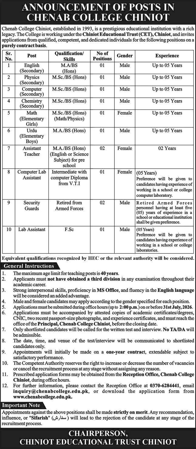 Job Advertisement - Chenab College Chiniot Jobs 2026 July Teachers, Security Guards & Lab Assistants Latest
