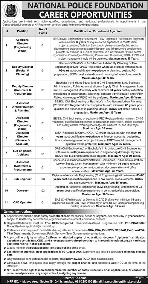 Job Advertisement - National Police Foundation Islamabad Jobs 2026 July Sub Engineers, Overseers & Others NPF Latest