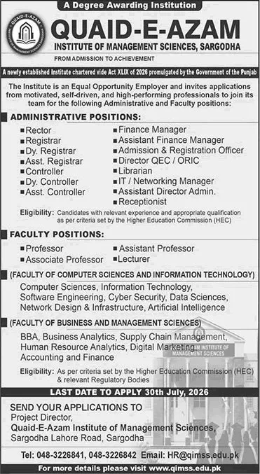 Job Advertisement - Quaid e Azam Institute of Management Sciences Sargodha Jobs 2026