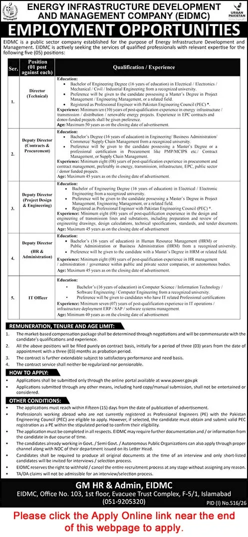 Job Advertisement - Energy Infrastructure Development and Management Company Islamabad Jobs 2026 July Apply Online EIDMC Latest