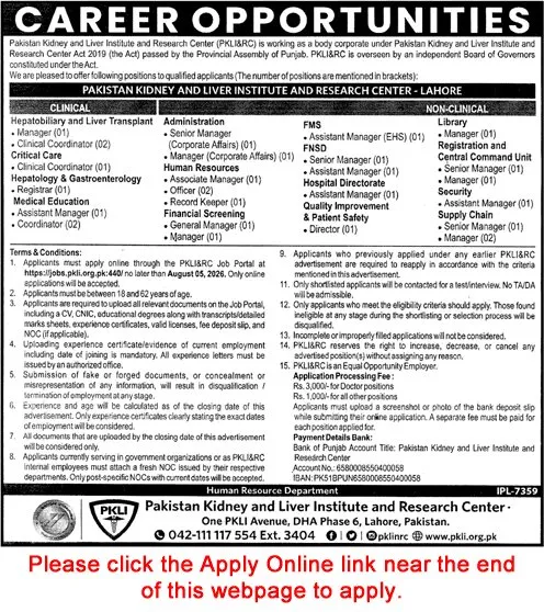Job Advertisement - PKLI Lahore Jobs July 2026 Apply Online Pakistan Kidney and Liver Institute