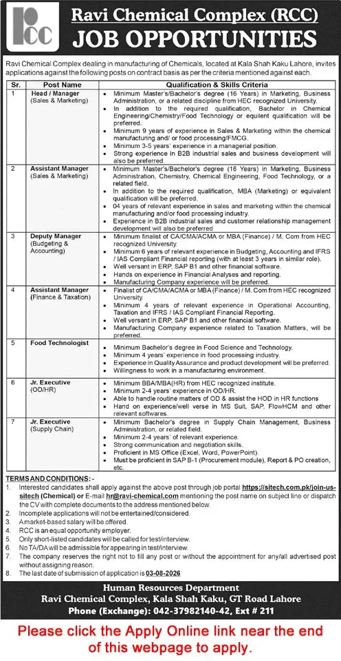 Job Advertisement - Ravi Chemical Complex Kala Shah Kaku Jobs July 2026