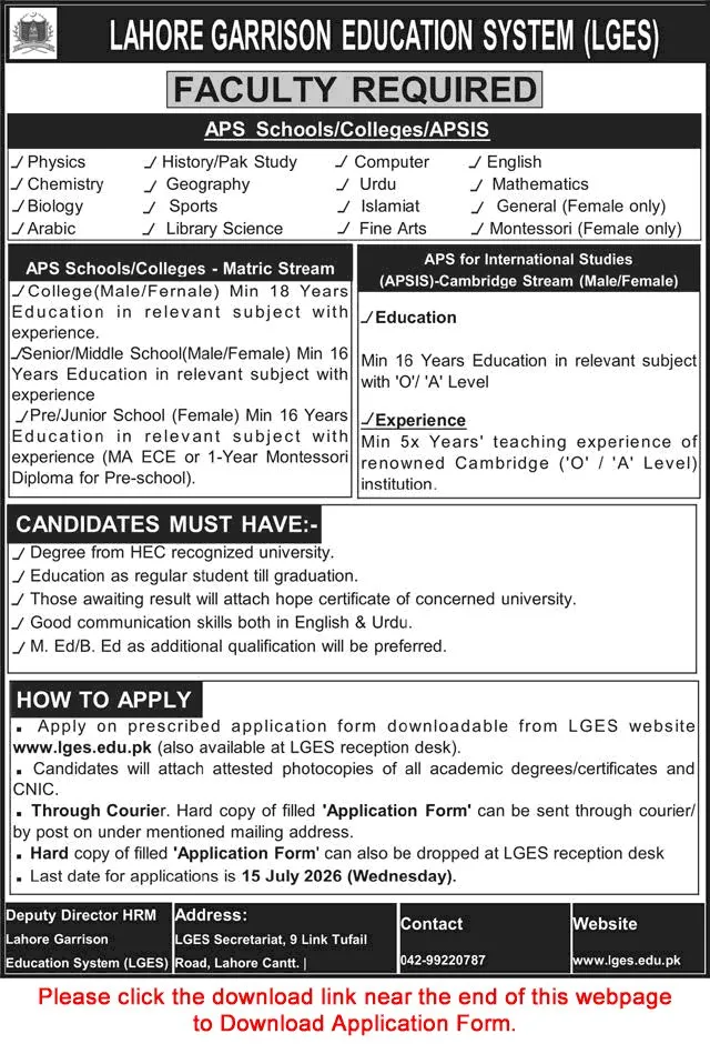 Job Advertisement - Faculty Required - Lahore Garrison Education System (LGES)