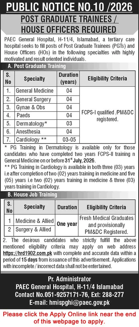 Job Advertisement - PAEC General Hospital Islamabad Jobs 2026 June Apply Online Postgraduate Trainees & House Officers
