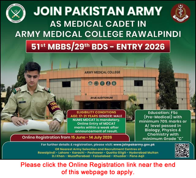 Job Advertisement - Join Pakistan Army as Medical Cadet 2026 June Online Registration Through 51st MBBS / 29th BDS Course Latest