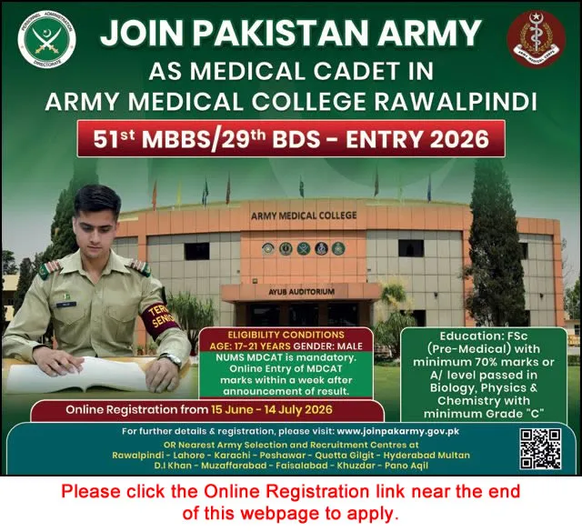 Job Advertisement - Join Pakistan Army as Medical Cadet in Army Medical College Rawalpindi