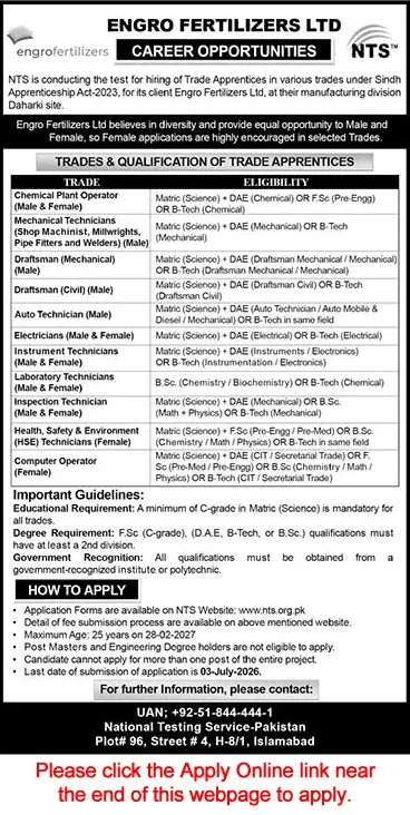 Job Advertisement - Engro Fertilizer Apprenticeships 2026 June NTS Application Form Trade Apprentices Jobs Latest
