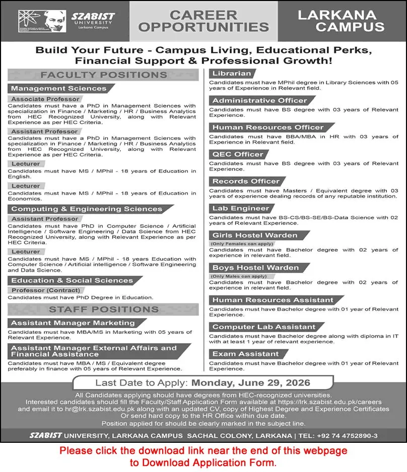 Job Advertisement - SZABIST University Larkana Campus Jobs 2026 June Application Form Teaching Faculty & Others Latest