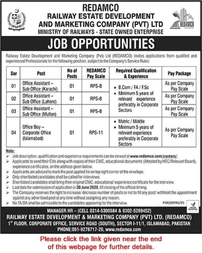Job Advertisement - Railway Estate Development and Marketing Company Jobs June 2026 Office Assistants & Office Boy REDAMCO Latest