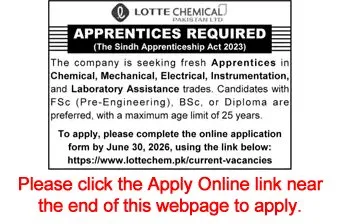 Job Advertisement - Lotte Chemical Pakistan Apprenticeships 2026 June Apply Online