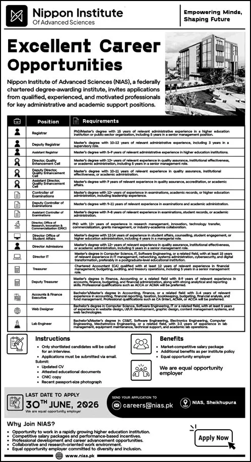 Job Advertisement - Nippon Institute of Advanced Sciences Sheikhupura Jobs 2026 June Web Designer, Lab Engineer & Others NIAS Latest