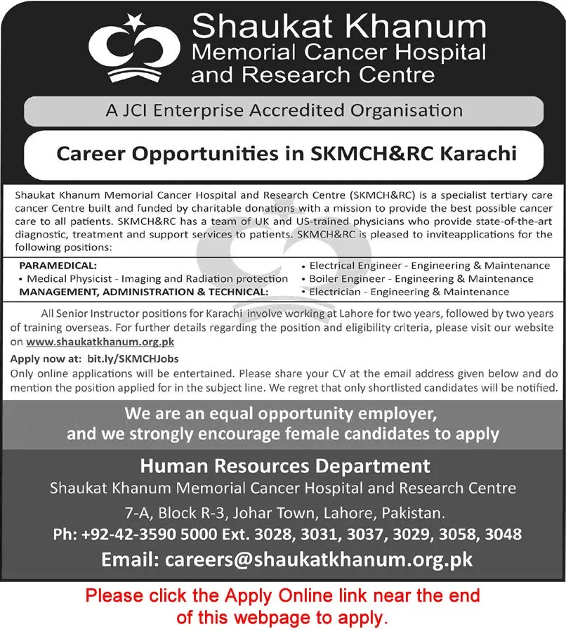 Job Advertisement - Shaukat Khanum Hospital Karachi Jobs June 2026 Apply Online Electrical / Boiler Engineers & Others SKMCH&RC Latest