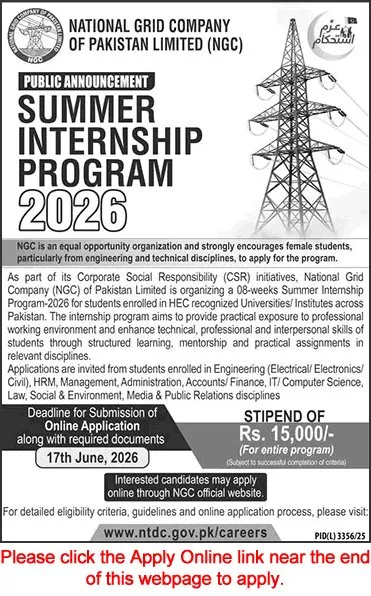 Job Advertisement - National Grid Company Summer Internship Program 2026