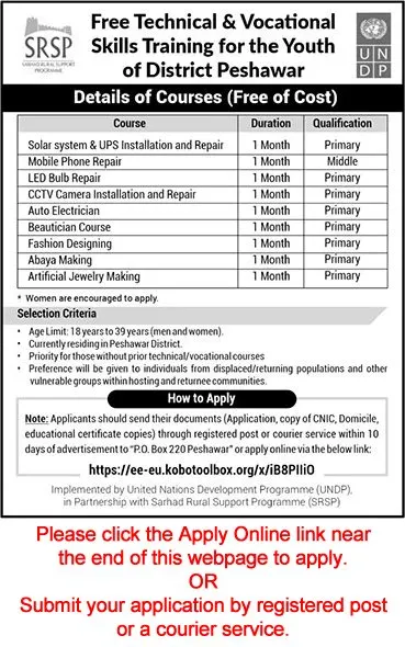 Job Advertisement - Sarhad Rural Support Programme Free Courses 2026 June Apply Online SRSP UNDP Latest