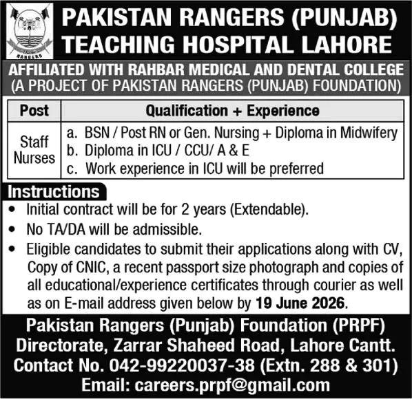 Job Advertisement - Staff Nurse Jobs in Pakistan Rangers Punjab Teaching Hospital Lahore 2026 June Latest