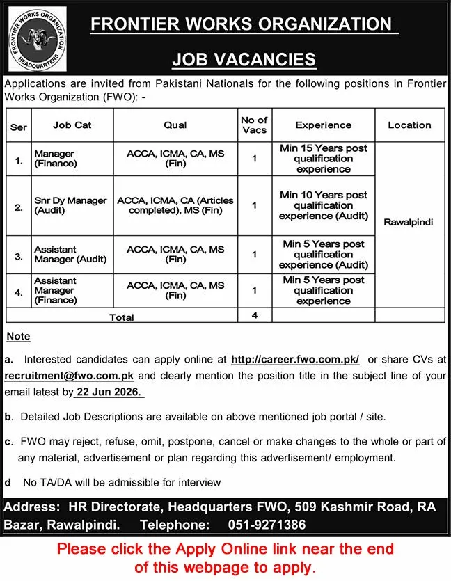 Job Advertisement - FWO Jobs June 2026 Apply Online Assistant Managers & Others