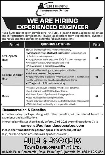Job Advertisement - Aujla and Associates Town Developers Gujranwala Jobs 2026 June Civil / Electrical Engineers & Driver Latest