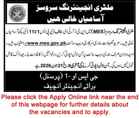 Job Advertisement - Military Engineering Services Jobs 2026 June MES Apply Online Clerks, Drivers, Sanitary Workers & Others Latest
