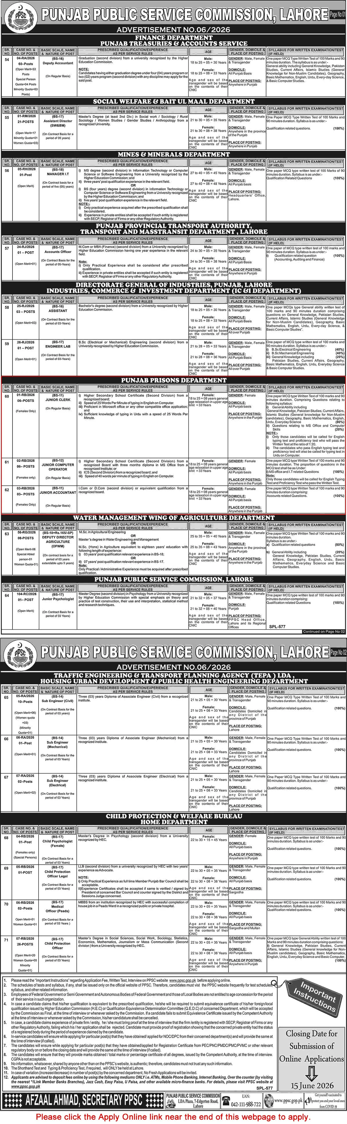 Job Advertisement - PPSC Advertisement No.06/2026