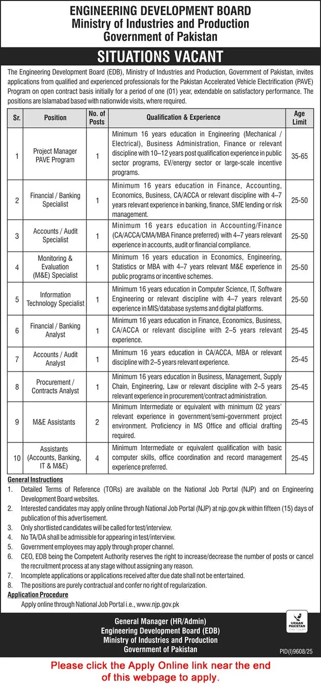 Job Advertisement - Engineering Development Board Jobs 2026 - Project Manager, Specialists, Analysts, Assistants