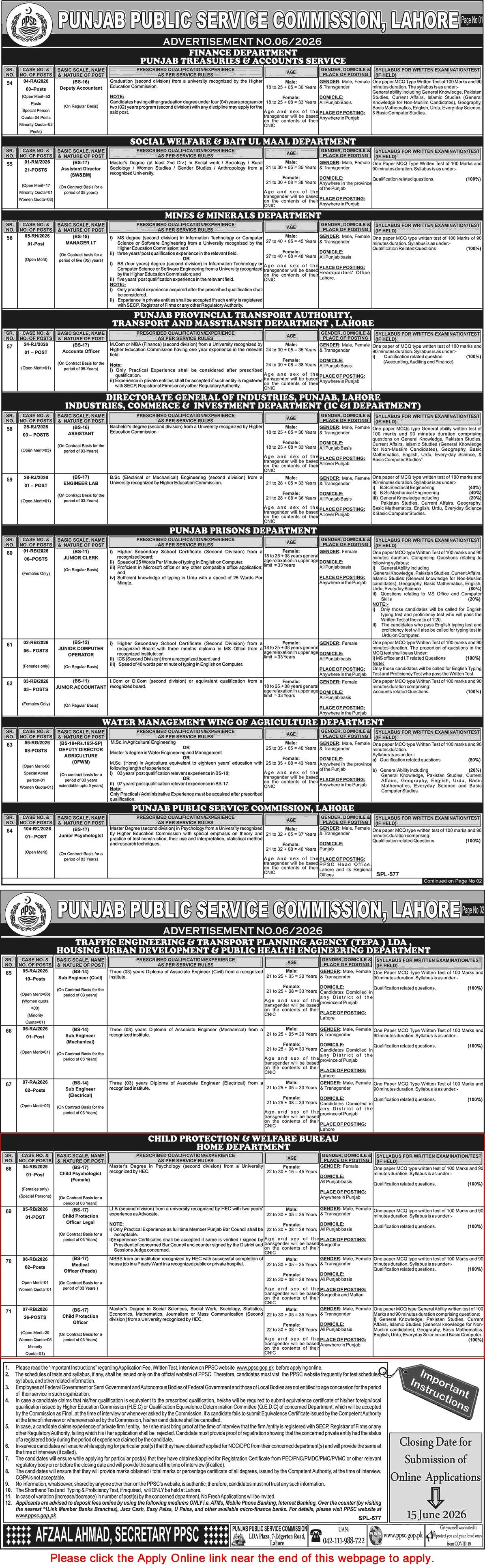 Job Advertisement - PPSC Child Protection and Welfare Bureau Punjab Jobs 2026