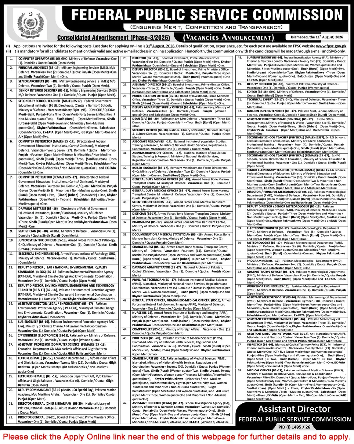 Job Advertisement - FPSC Jobs August 2026 Apply Online Consolidated Advertisement No 3/2026