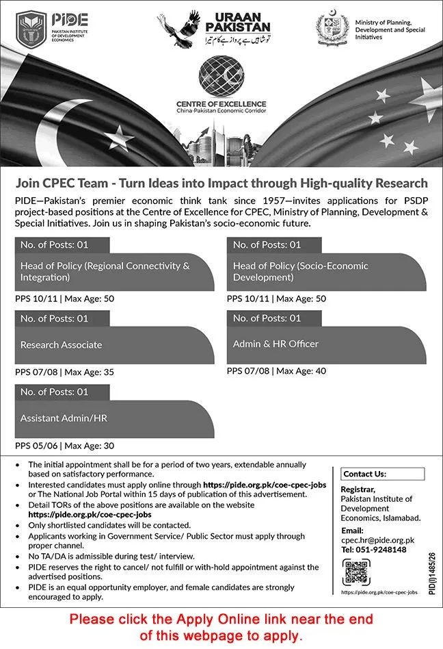 Job Advertisement - Pakistan Institute of Development Economics (PIDE) Jobs August 2026 Apply Online CoE CPEC PIDE Latest