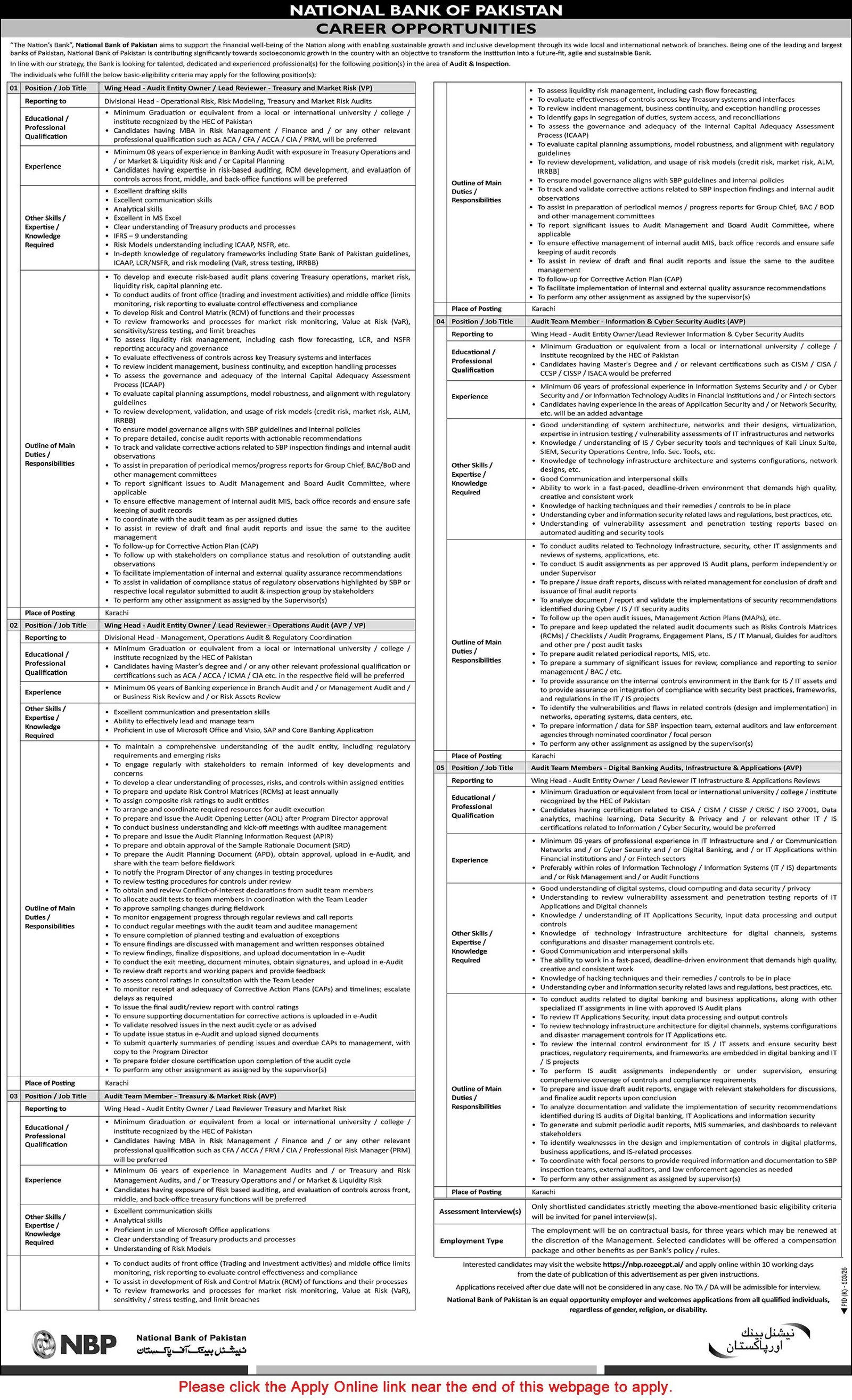 Job Advertisement - National Bank of Pakistan Jobs August 2026 Apply Online Audit Team Members & Wing Heads NBP Latest