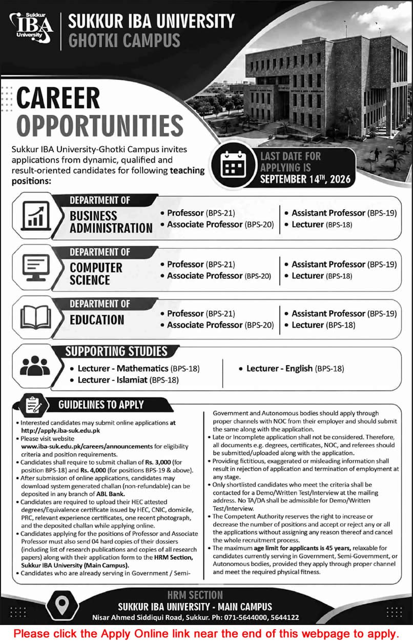 Job Advertisement - Teaching Faculty Positions at Sukkur IBA University Ghotki Campus