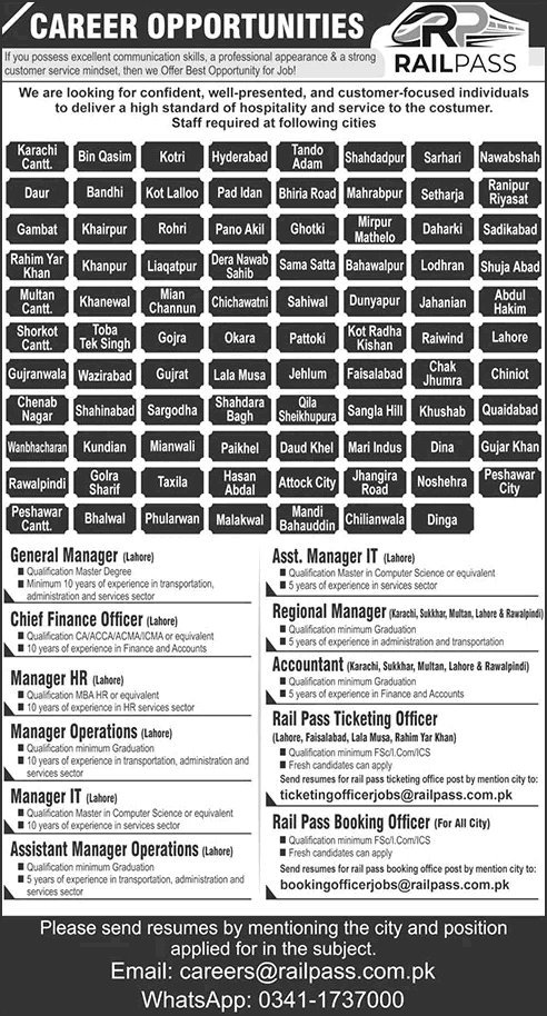 Job Advertisement - Railpass Pakistan Jobs 2026 August Booking Officers, Ticketing Officer, Accountants & Others Latest