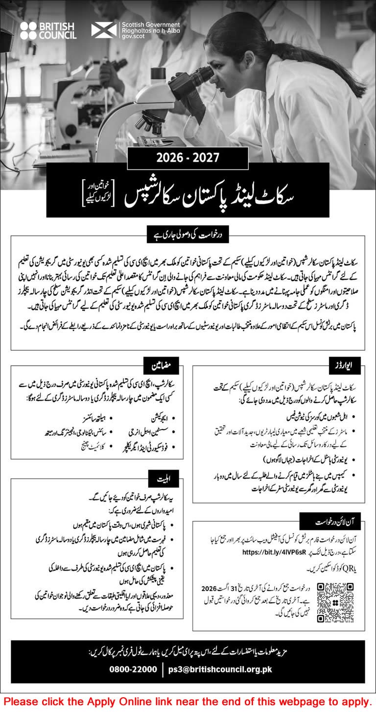 Job Advertisement - Scotland Pakistan Scholarships 2026-2027 Online Application Form British Council Latest